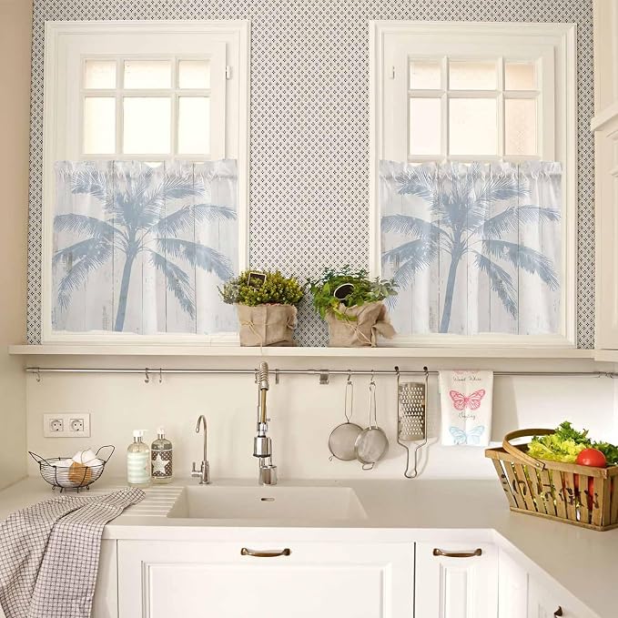 Summer Coconut Tree on Vintage Wood Grain Window Valance Curtains, Seaside - Image 3
