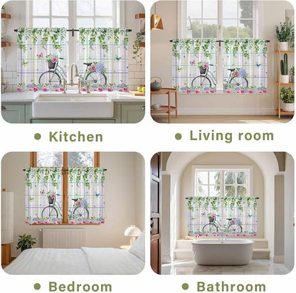 Spring Kitchen Curtains, Bicycles Botanical Leaves Rose Colorful Stripes Light - Image 8