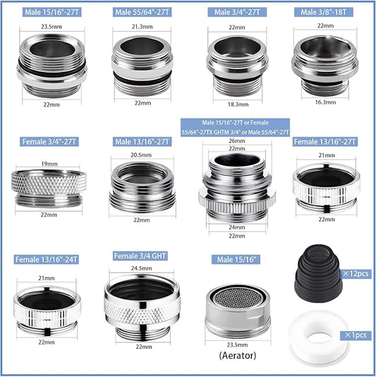 12 pcs Faucet Adapter Kit, CNYMANY Kitchen Aerator Adapter Set Male Female Sink - Image 2