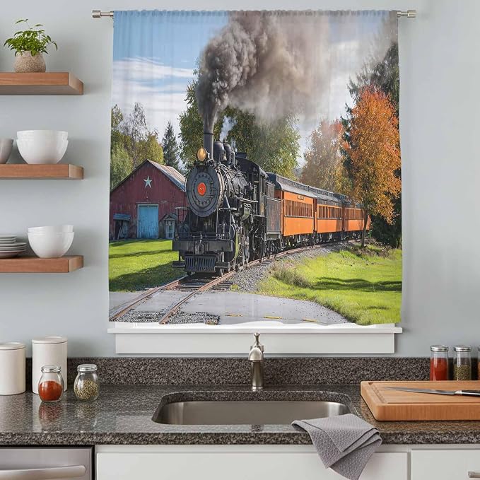 Steam Train Sheer Curtains 72 Inch Length Railroad Country Barn Rustic Trees - Image 8