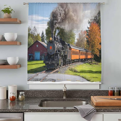 Steam Train Sheer Curtains 45 Inch Length Railroad Country Barn Rustic Trees - Image 8