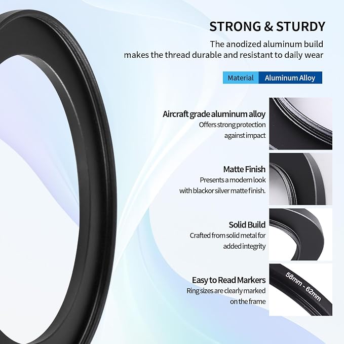 58-62mm Step-Up Ring Adapter, 58mm to 62mm Step Up Filter Ring - Image 5