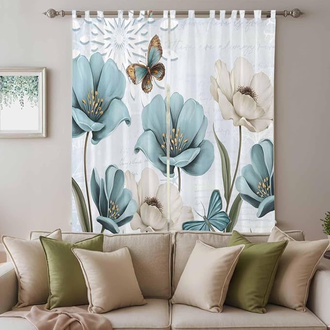 Blue Tulips Living Room Curtains 96 Inch Length, Window Curtains Tab Top - Image 3