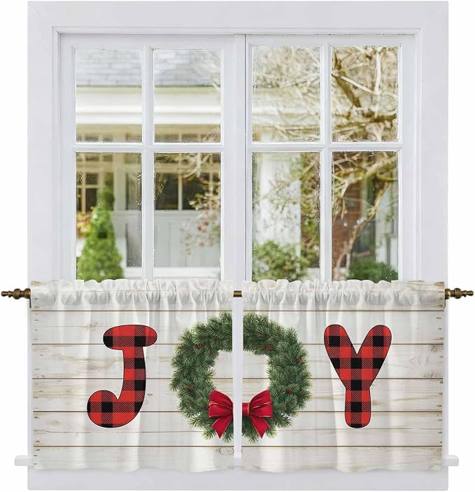 Christmas Wreaths Kitchen Tier Curtains 24 Inch Long 2 Panel Set, Rod Pocket - Image 2