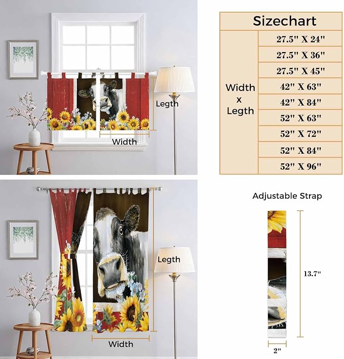 Cows Sunflowers Bedroom Curtains 63 Inch Length, Window Curtains Tab Top - Image 8