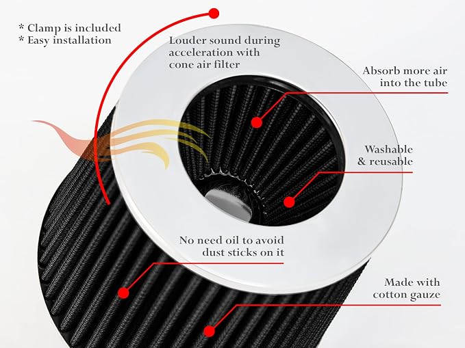 BLACK 3.5" 89 mm Inlet Narrow Air Cone Replacement Performance Washable - Image 7