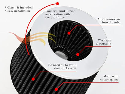 BLACK 3.5" 89 mm Inlet Narrow Air Cone Replacement Performance Washable - Image 7
