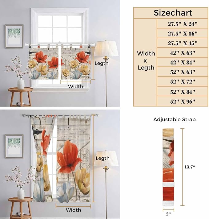 Retro Floral Bathroom Curtains 63 Inch Length, Window Curtains Tab Top - Image 8