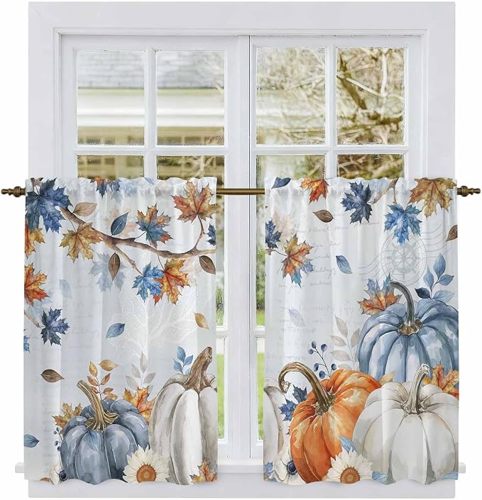 Fall Blue Maple Kitchen Curtains 45 Inch Long 2 Panel Set, Rod Pocket Window - Image 2
