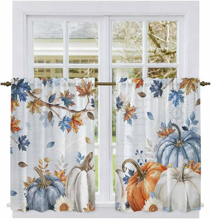 Fall Blue Maple Kitchen Curtains 45 Inch Long 2 Panel Set, Rod Pocket Window - Image 2