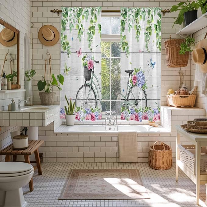 Spring Kitchen Curtains, Bicycles Botanical Rose Leaves Butterfly Wood Grain - Image 5