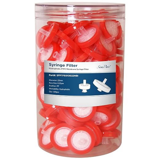 SimPure Syringe Filter PTFE 200 PCS Hydrophobic Membrane, 25mm Disc Diameter by SimPure_Water