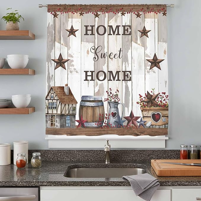 Farmhouse Sheer Curtains 63 Inch Length Retro Country Star Berry Vintage Wood - Image 8