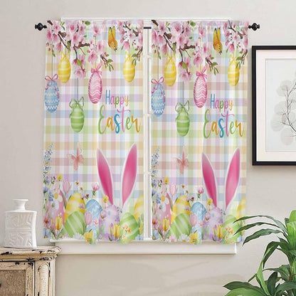 Happy Easter Bedroom Curtains 63 Inches length, Spring Bunny Colorful Eggs - Image 2