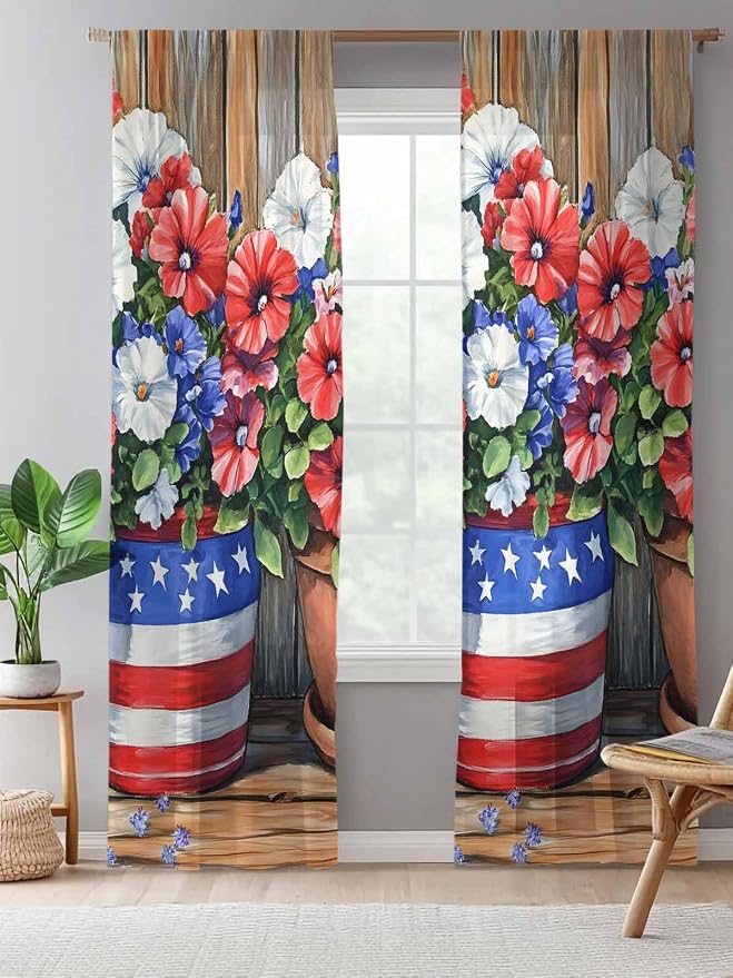 Sheer Curtains 84 Inches Long, Retro Independence Day Flag Wood Grain Privacy - Image 5
