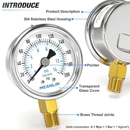 MEANLIN MEASURE 0~200Psi Dry Pressure Gauge Stainless Steel 1/4" NPT 2" FACE - Image 4
