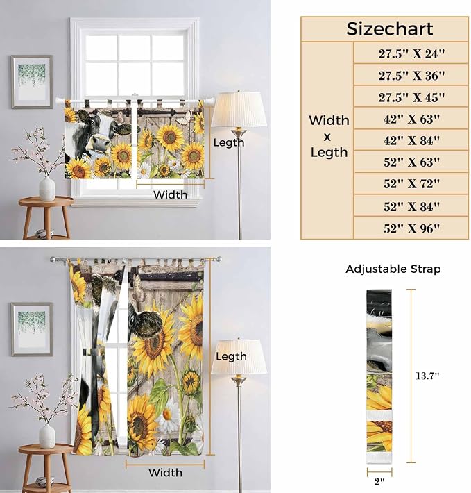 Retro Farmhouse Flower Bathroom Curtains 63 Inch Length, Window Curtains Tab Top - Image 8