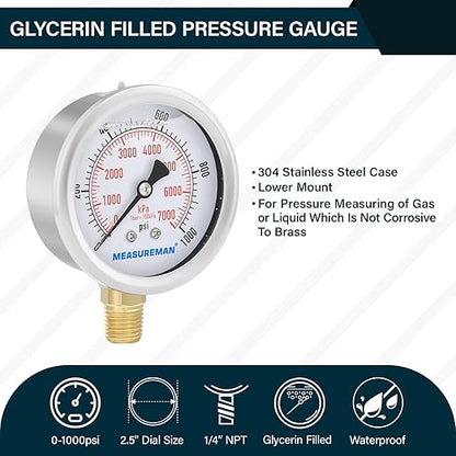 MEASUREMAN 2-1/2inch Dial Size, Liquid Filled Pressure Gauge, 0-1000psi/7000kpa - Image 2
