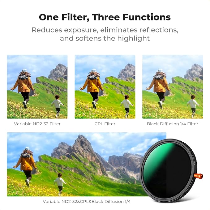 K&F CONCEPT 77mm Black Diffusion Mist Effect 1/4 & Variable ND2-32 & Circular - Image 3