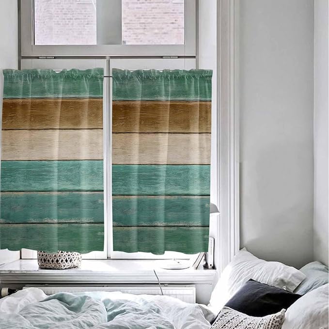Vintage Plank Turquoise Brown Window Valance Curtains, Farmhouse Wood Grain - Image 4