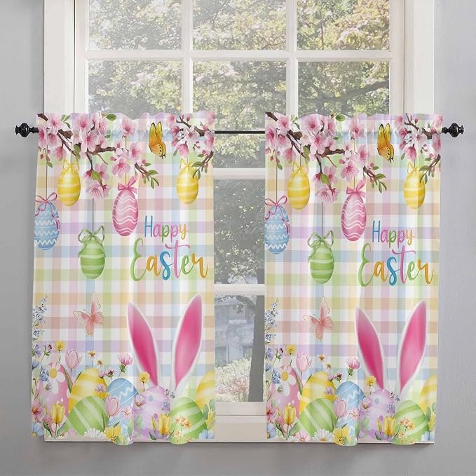 Happy Easter Kitchen Curtains 45 Inches length, Spring Bunny Colorful Eggs - Image 2