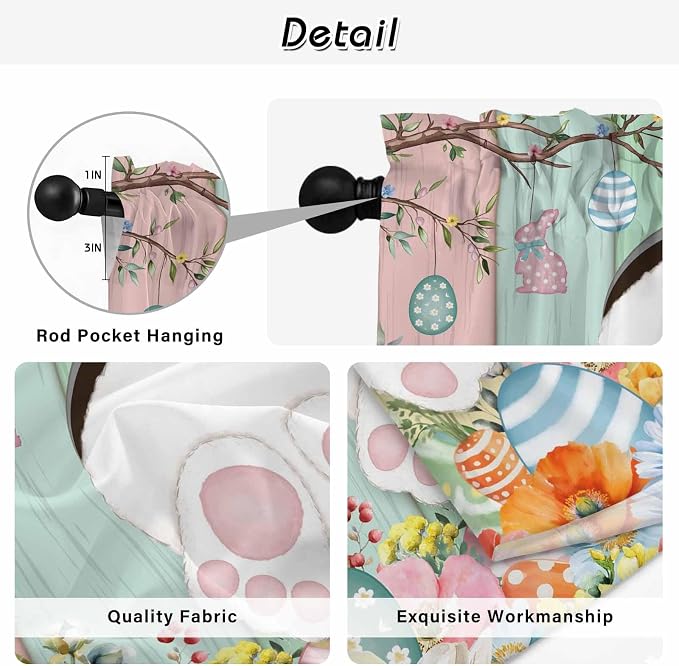 Easter Kitchen Curtains 45 Inch Long 2 Panel Set, Rod Pocket Window Treatment - Image 9