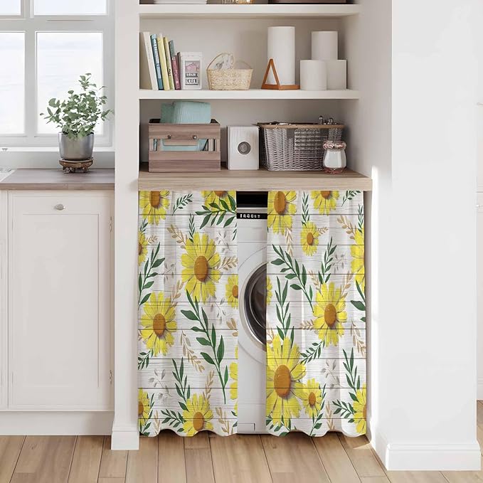 Yellow Daisy Tier Curtains, Farmhouse Country Flower Leaf Plant Wood Grain - Image 7