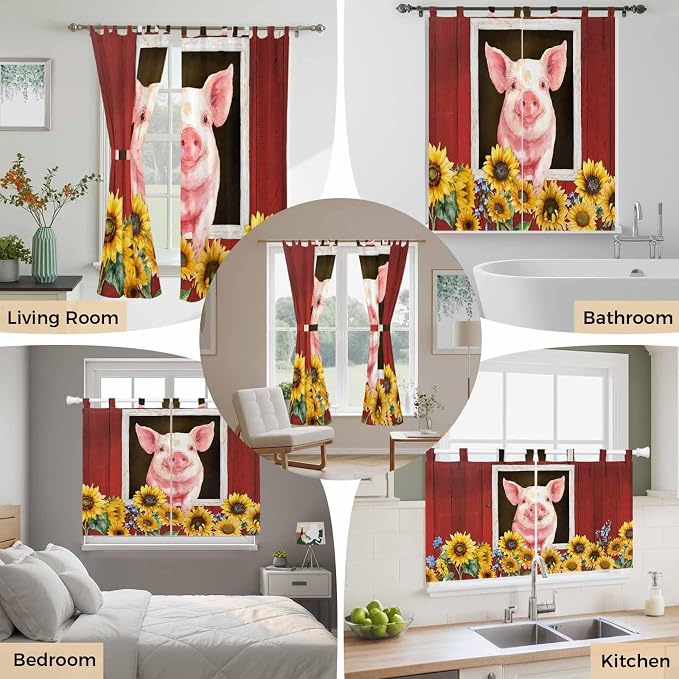 Pigs Sunflowers Kitchen Curtains 45 Inch Length, Short Cafe Window Curtains Tab - Image 7