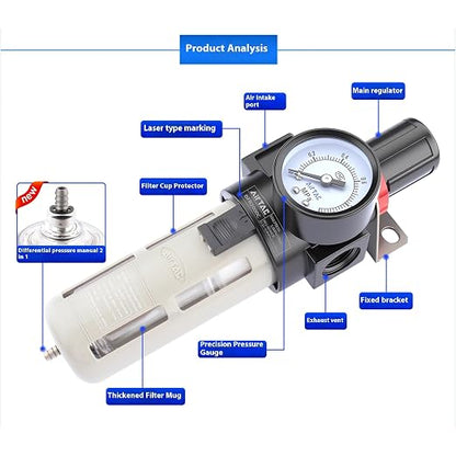 Compressed Air Pressure Filter Regulator Airtac BFR2000-C 1/4'' NPT 0-140 PSI - Image 3