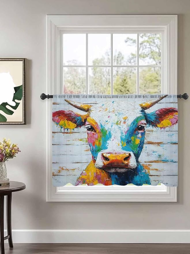 Sheer Curtains 54 Inch Length, Funny Colorful Cow Semi Sheer Curtains Light - Image 2