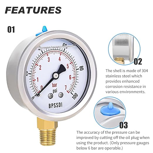 0-100 Psi Lead-Free Glycerin Liquid Filled Low Pressure Gauge, 2.5" Dial Size - Image 3