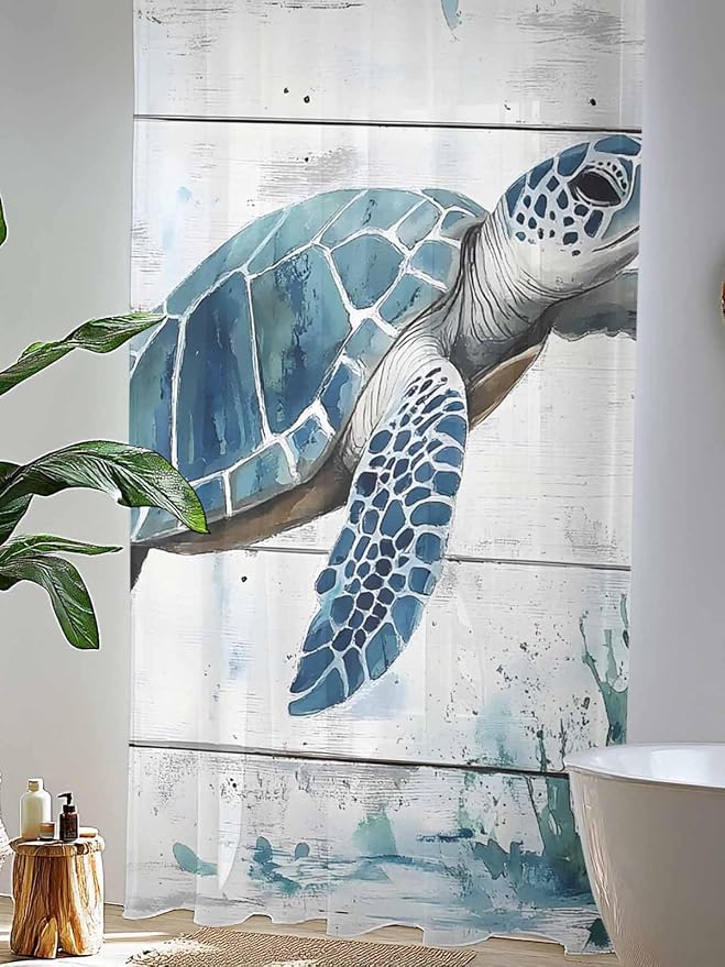 Sheer Curtains 96 Inches Long, Teal Green Sea Turtle Semi Sheer Curtains Light - Image 4
