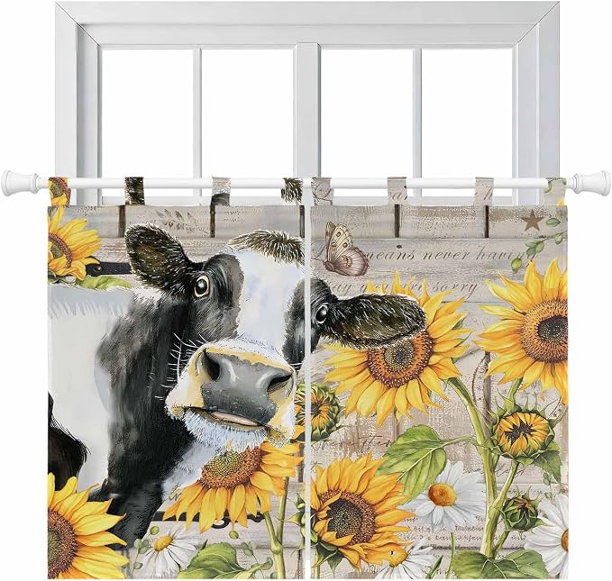 Yellow Sunflowers Kitchen Curtains 45 Inch Length, Short Cafe Window Curtains by Unknown
