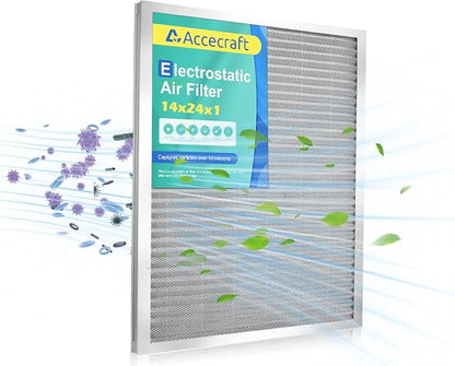 14x24x1 Electrostatic Air Filter, Washable & Reusable Aluminum AC/HVAC Furnace by Accecraft