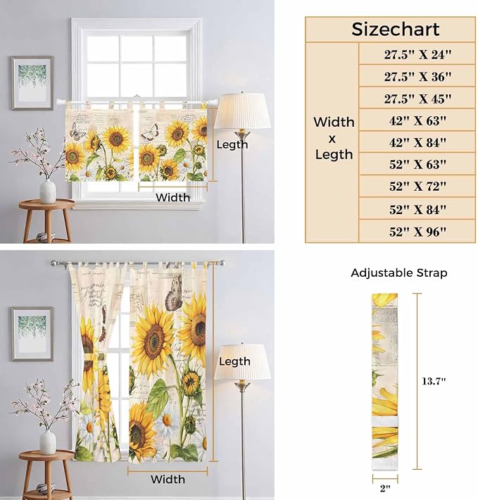 Yellow Sunflowers Bathroom Curtains 63 Inch Length, Window Curtains Tab Top - Image 8
