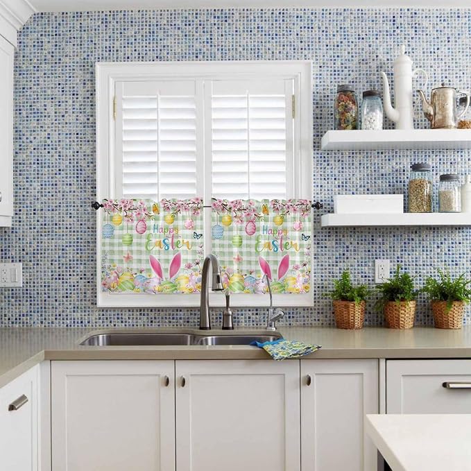 Happy Easter Half Window Curtain 36 Inches Long, Spring Bunny Eggs Flower Sage - Image 2