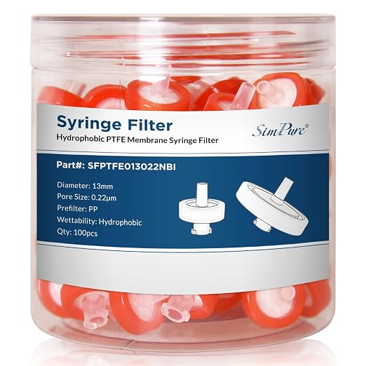 SimPure Syringe Filter PTFE Hydrophobic Membrane 200 PCS, 0.22um Pore Size by SimPure_Water