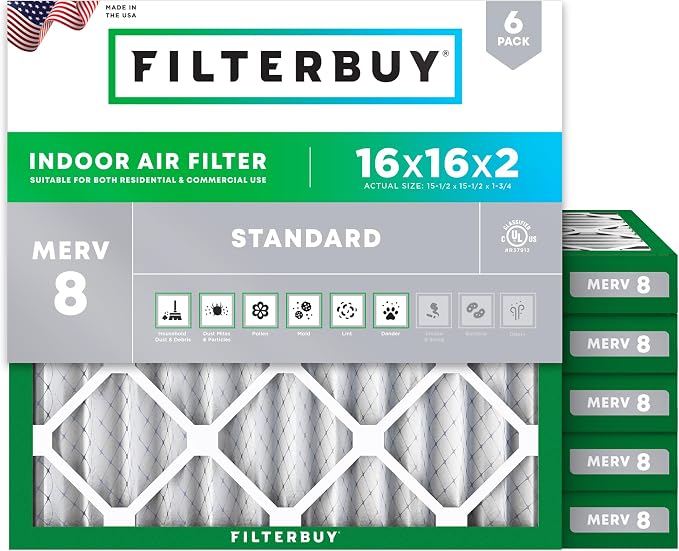 Filterbuy 16x16x2 Air Filter MERV 8 Essential Dust & Allergy Defense, by Filterbuy