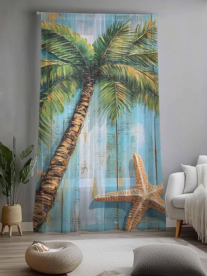 Sheer Curtains 96 Inches Long, Coastal Beach Tree Semi Sheer Curtains Light - Image 2