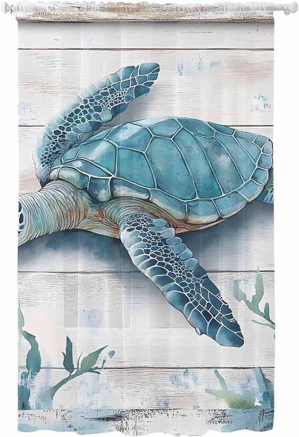 Sheer Curtains 96 Inches Long, Teal Green Sea Turtle Semi Sheer Curtains Light by Unknown