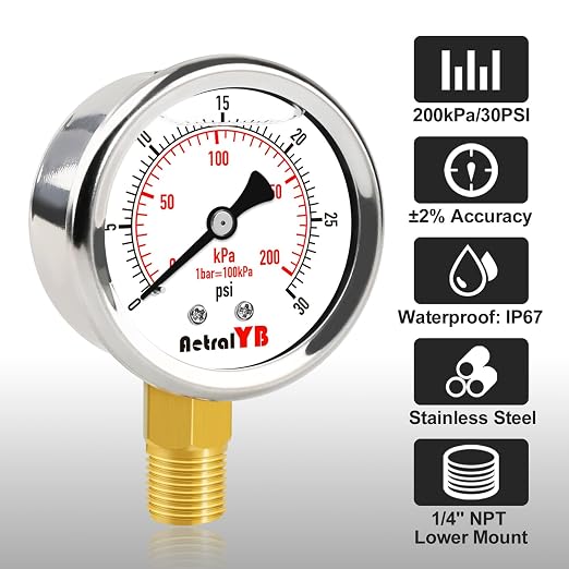 0-30 PSI Pressure Gauge, Glycerin-Filled, 2-Inch Stainless Steel Gauge - Image 2