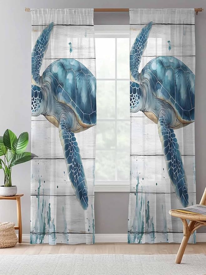 Sheer Curtains 108 Inches Long, Teal Green Ocean Turtle Semi Sheer Curtains - Image 5