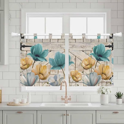 Watercolor Flowers Kitchen Curtains 24 Inch Length, Small Window Curtains Tab - Image 3