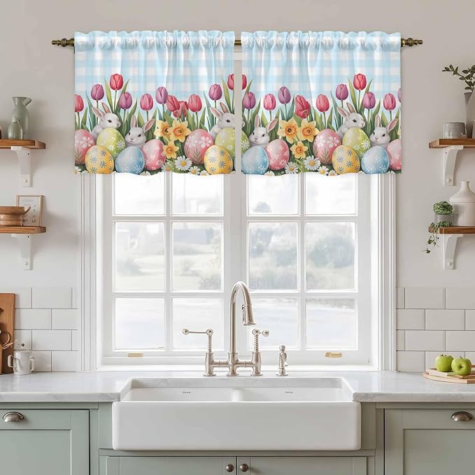 Easter Kitchen Tier Curtains 36 Inch Long 2 Panel Set, Rod Pocket Half Window - Image 3