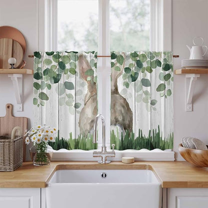 Easter Tier Curtains, Country Rabbit Botanical Leaves Wooden Grain Light - Image 2