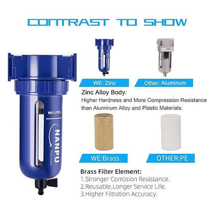 NANPU 3/8" NPT Compressed Air Filter, Zinc Alloy, 5 Micron Brass Element - Image 6