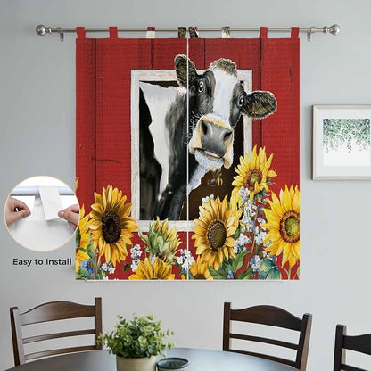 Cows Sunflowers Bathroom Curtains 63 Inch Length, Window Curtains Tab Top - Image 4