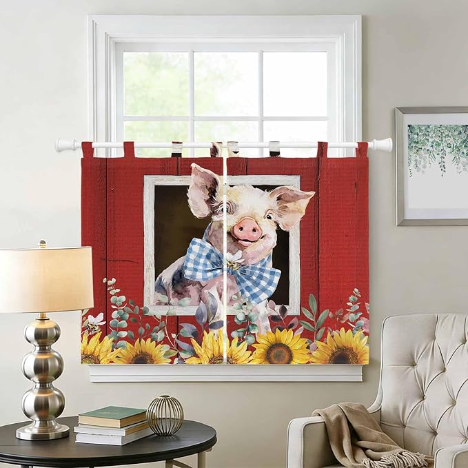 Pig Sunflowers Bedroom Curtains 63 Inch Length, Window Curtains Tab Top - Image 2