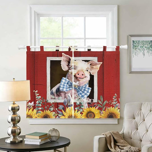 Pig Sunflowers Bedroom Curtains 63 Inch Length, Window Curtains Tab Top - Image 2