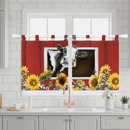 Cows Sunflowers Kitchen Curtains 36 Inch Length, Small Window Curtains Tab Top - Image 3